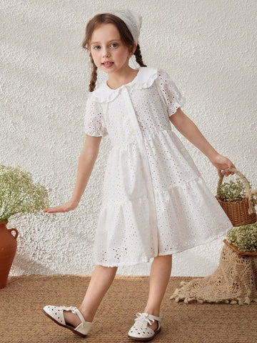 Young Girls Embroidered Cotton Ruffle Sleeve Collared Dress