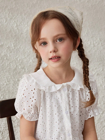 Young Girls Embroidered Cotton Ruffle Sleeve Collared Dress
