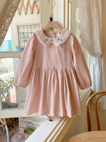 Blossori Young Girls Floral Embroidered Loose Woven Elegant Dress, Spring/Summer