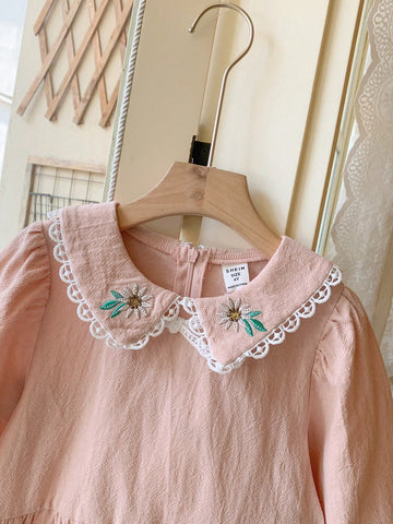 Blossori Young Girls Floral Embroidered Loose Woven Elegant Dress, Spring/Summer