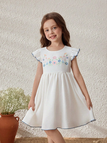 Young Girls Floral Pattern Round Neck Ruffle Sleeve Woven Dress