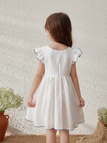 Young Girls Floral Pattern Round Neck Ruffle Sleeve Woven Dress