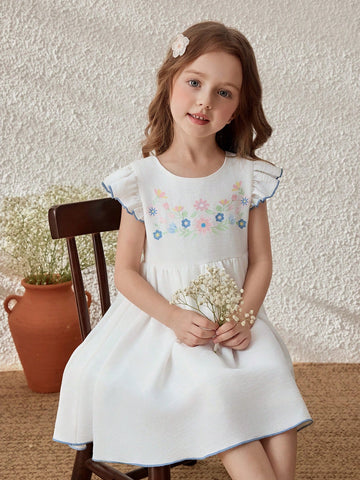 Young Girls Floral Pattern Round Neck Ruffle Sleeve Woven Dress