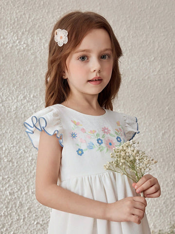 Young Girls Floral Pattern Round Neck Ruffle Sleeve Woven Dress