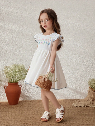 Young Girls Floral Pattern Round Neck Ruffle Sleeve Woven Dress