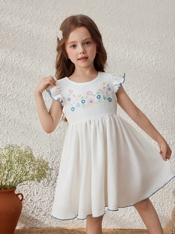 Young Girls Floral Pattern Round Neck Ruffle Sleeve Woven Dress