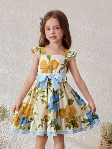 Young Girls' Floral Print Elastic Waist Vacation Dress