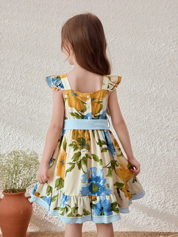 Young Girls' Floral Print Elastic Waist Vacation Dress