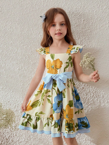 Young Girls' Floral Print Elastic Waist Vacation Dress