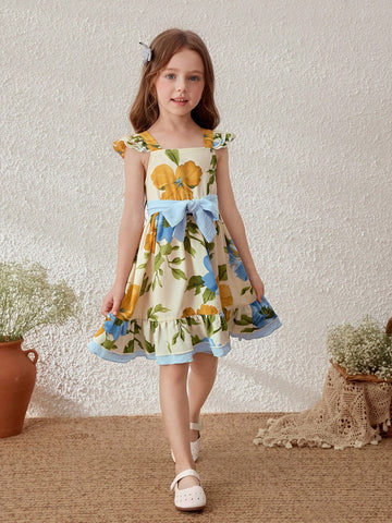 Young Girls' Floral Print Elastic Waist Vacation Dress