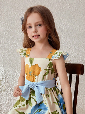 Young Girls' Floral Print Elastic Waist Vacation Dress