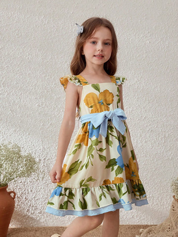 Young Girls' Floral Print Elastic Waist Vacation Dress