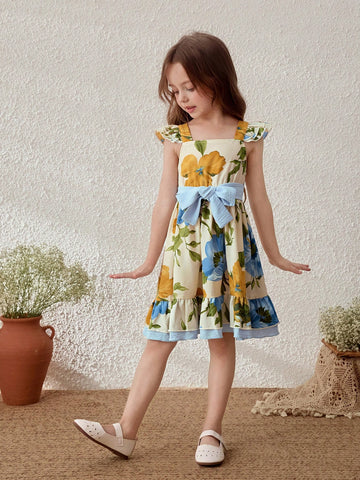 Young Girls' Floral Print Elastic Waist Vacation Dress