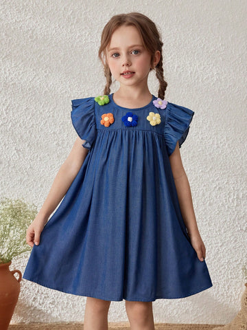 Young Girls French 3D Floral Accent Puff Sleeve Dress