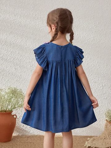 Young Girls French 3D Floral Accent Puff Sleeve Dress