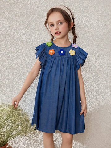 Young Girls French 3D Floral Accent Puff Sleeve Dress