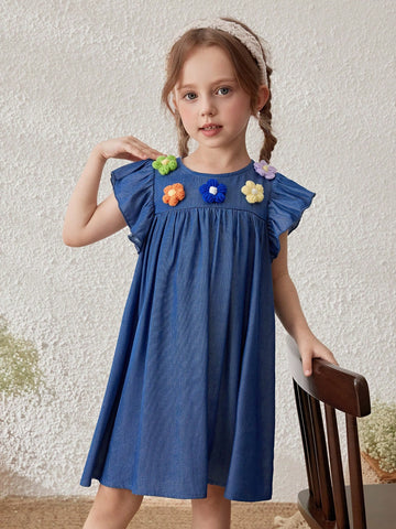 Young Girls French 3D Floral Accent Puff Sleeve Dress