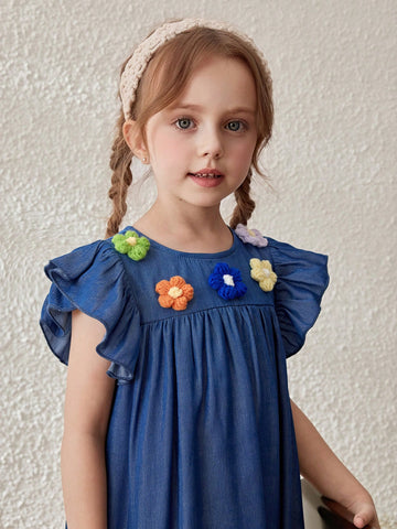 Young Girls French 3D Floral Accent Puff Sleeve Dress