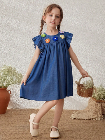 Young Girls French 3D Floral Accent Puff Sleeve Dress