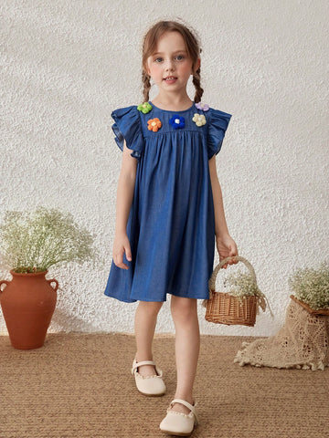 Young Girls French 3D Floral Accent Puff Sleeve Dress
