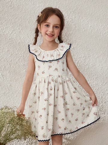 Young Girls' French Apricot Ditsy Floral Ruffle Collar Sleeveless Dress