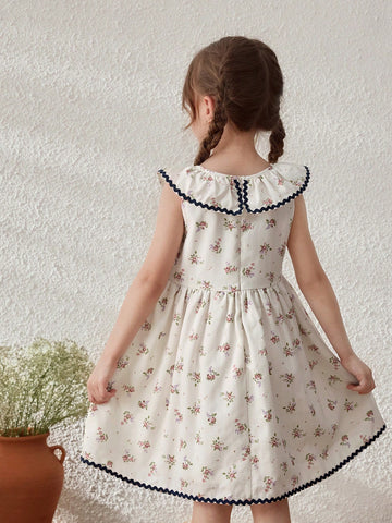 Young Girls' French Apricot Ditsy Floral Ruffle Collar Sleeveless Dress