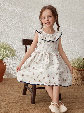Young Girls' French Apricot Ditsy Floral Ruffle Collar Sleeveless Dress