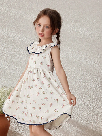 Young Girls' French Apricot Ditsy Floral Ruffle Collar Sleeveless Dress