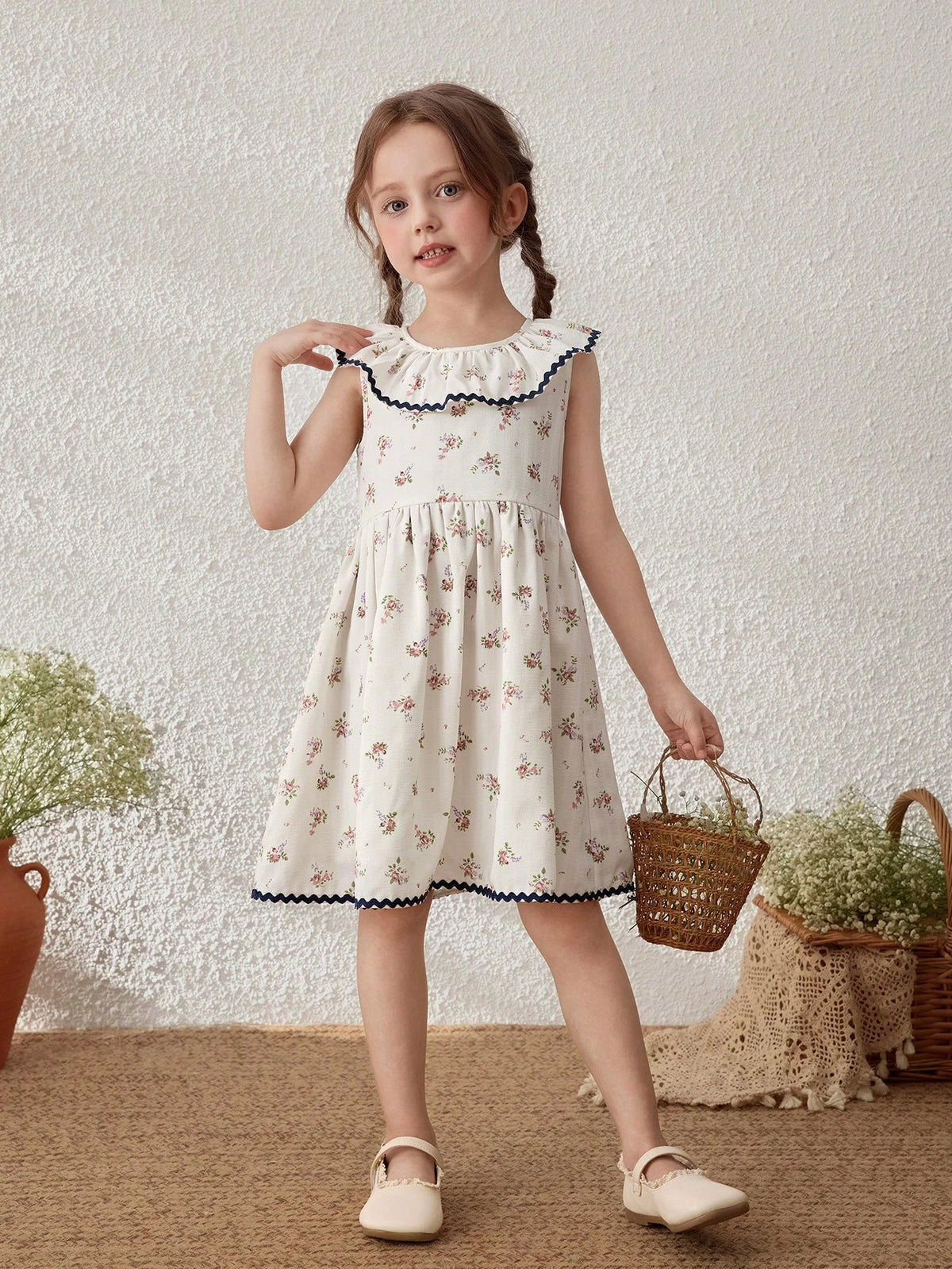 Young Girls' French Apricot Ditsy Floral Ruffle Collar Sleeveless Dress