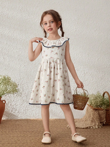 Young Girls' French Apricot Ditsy Floral Ruffle Collar Sleeveless Dress