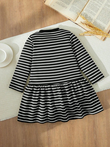 Blossori Young Girls French Chic Knitted Striped Embroidered Loose Long Sleeve Dress