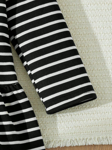 Blossori Young Girls French Chic Knitted Striped Embroidered Loose Long Sleeve Dress