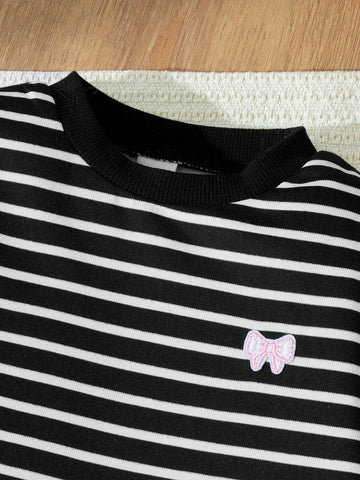 Blossori Young Girls French Chic Knitted Striped Embroidered Loose Long Sleeve Dress