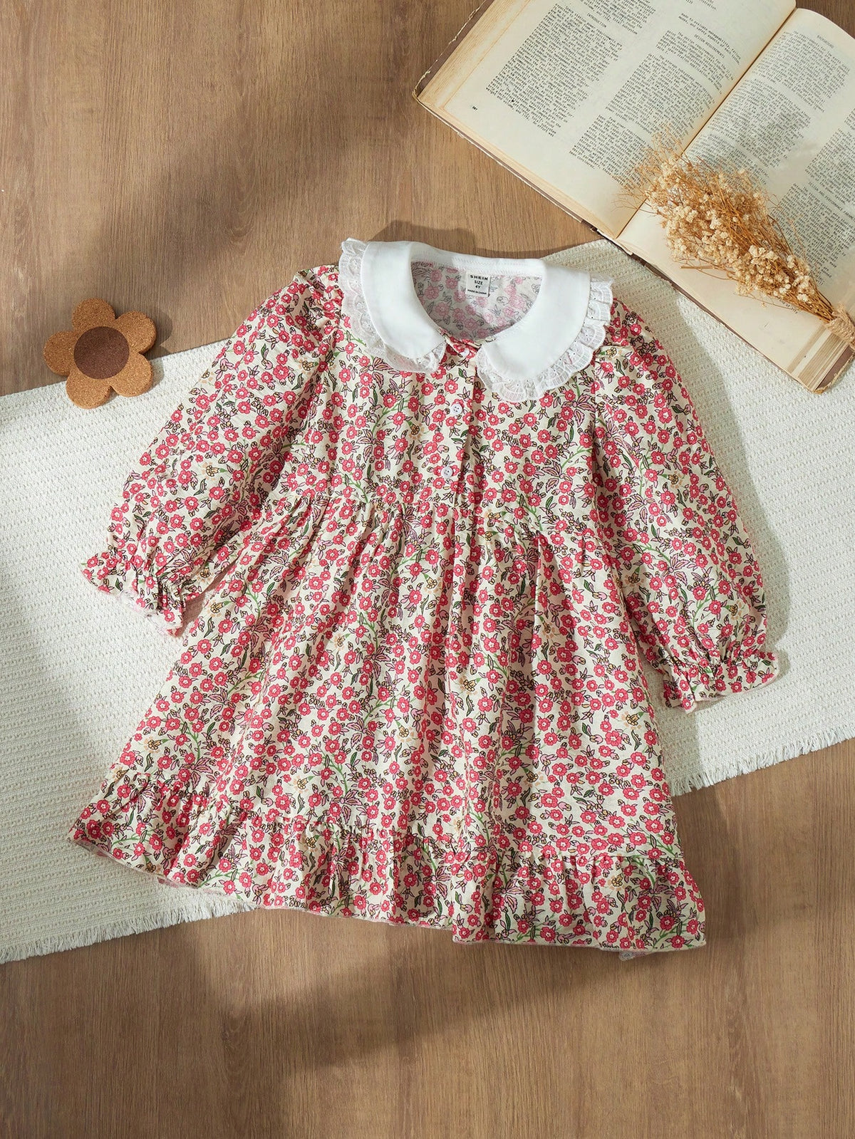 Blossori Young Girls French Chic Loose Fitting Woven Dress With Red Floral Pattern On Apricot Background, Autumn/Winter