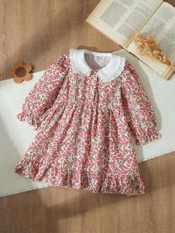 Blossori Young Girls French Chic Loose Fitting Woven Dress With Red Floral Pattern On Apricot Background, Autumn/Winter