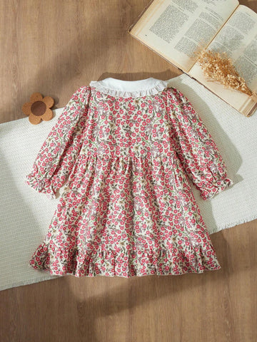Blossori Young Girls French Chic Loose Fitting Woven Dress With Red Floral Pattern On Apricot Background, Autumn/Winter