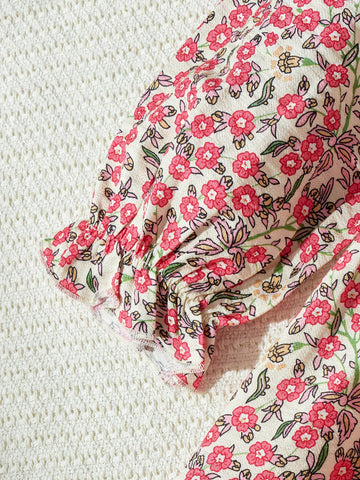 Blossori Young Girls French Chic Loose Fitting Woven Dress With Red Floral Pattern On Apricot Background, Autumn/Winter