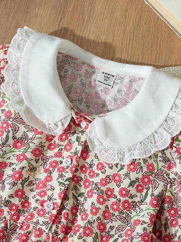Blossori Young Girls French Chic Loose Fitting Woven Dress With Red Floral Pattern On Apricot Background, Autumn/Winter