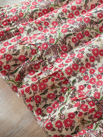 Blossori Young Girls French Chic Loose Fitting Woven Dress With Red Floral Pattern On Apricot Background, Autumn/Winter