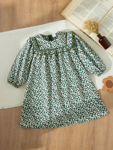 Blossori Young Girls French Chiffon Floral Ruffle Trim Loose Elegant Long Sleeve Dress, Autumn/Winter