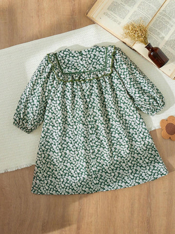 Blossori Young Girls French Chiffon Floral Ruffle Trim Loose Elegant Long Sleeve Dress, Autumn/Winter