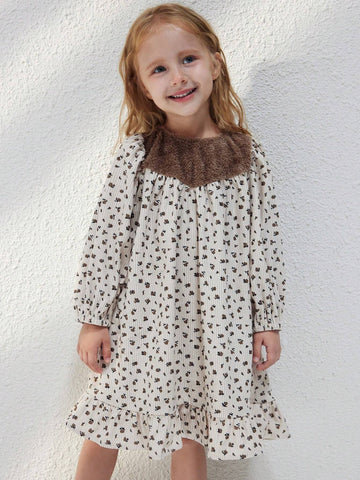 Blossori Young Girls French Elegant Beige Floral Patchwork Loose Long Sleeve Woven Dress, Autumn Winter