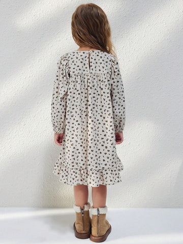 Blossori Young Girls French Elegant Beige Floral Patchwork Loose Long Sleeve Woven Dress, Autumn Winter