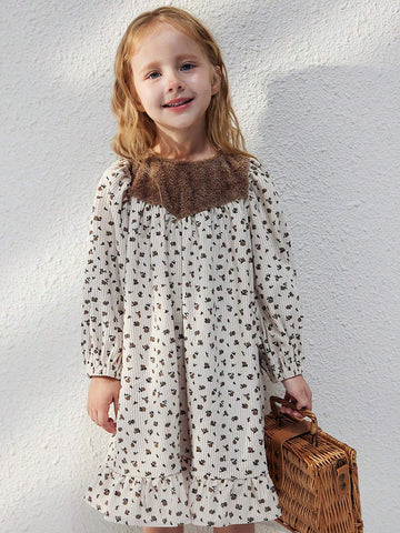 Blossori Young Girls French Elegant Beige Floral Patchwork Loose Long Sleeve Woven Dress, Autumn Winter