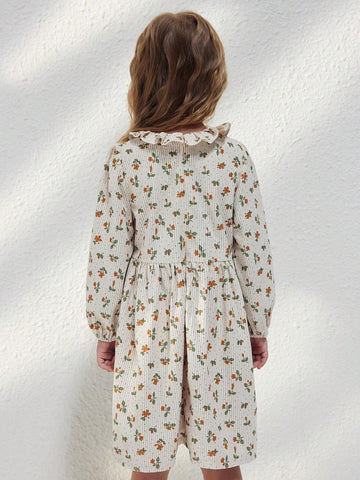 Blossori Young Girls French Elegant Beige Floral Patchwork Loose Long Sleeve Woven Dress, Autumn Winter