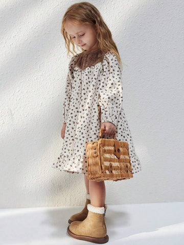 Blossori Young Girls French Elegant Beige Floral Patchwork Loose Long Sleeve Woven Dress, Autumn Winter