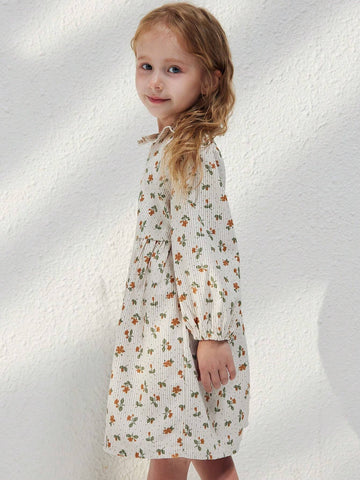 Blossori Young Girls French Elegant Beige Floral Patchwork Loose Long Sleeve Woven Dress, Autumn Winter