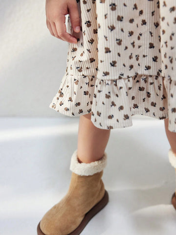 Blossori Young Girls French Elegant Beige Floral Patchwork Loose Long Sleeve Woven Dress, Autumn Winter