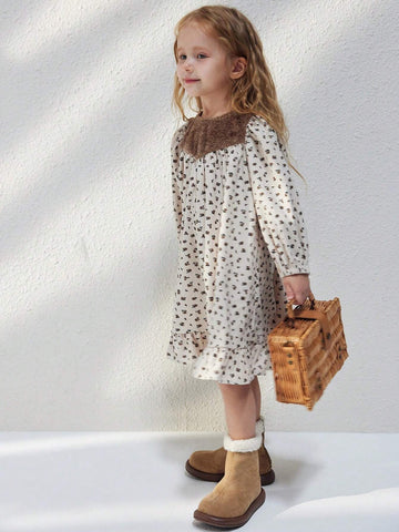 Blossori Young Girls French Elegant Beige Floral Patchwork Loose Long Sleeve Woven Dress, Autumn Winter
