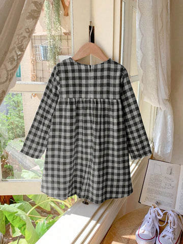 Blossori Young Girls French Elegant Black And White Plaid Patchwork Woven Figure Hugging Long Sleeve Dress, Autumn/Winter